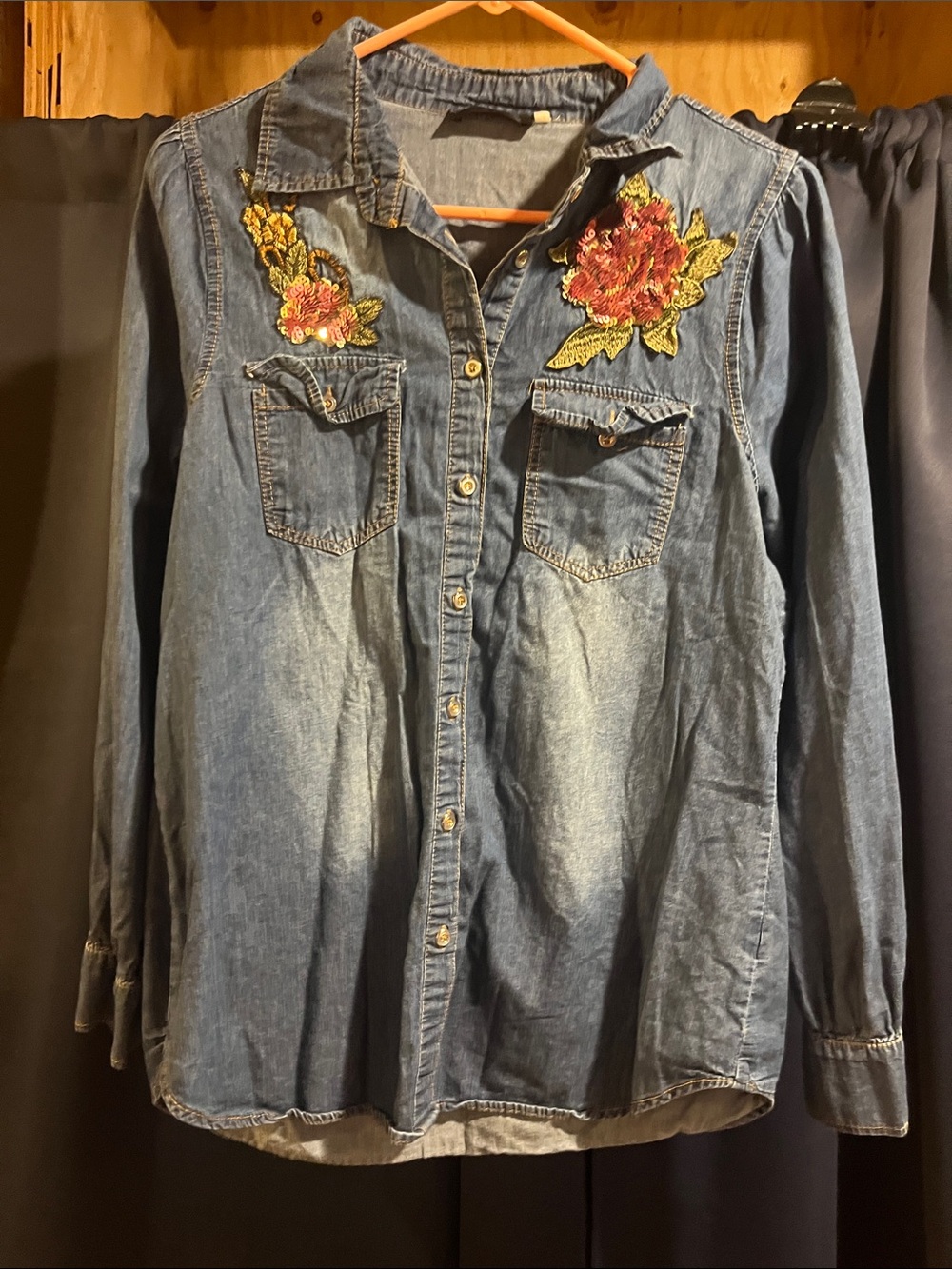Denim Button-Down Shirt with Red Floral Embroidery